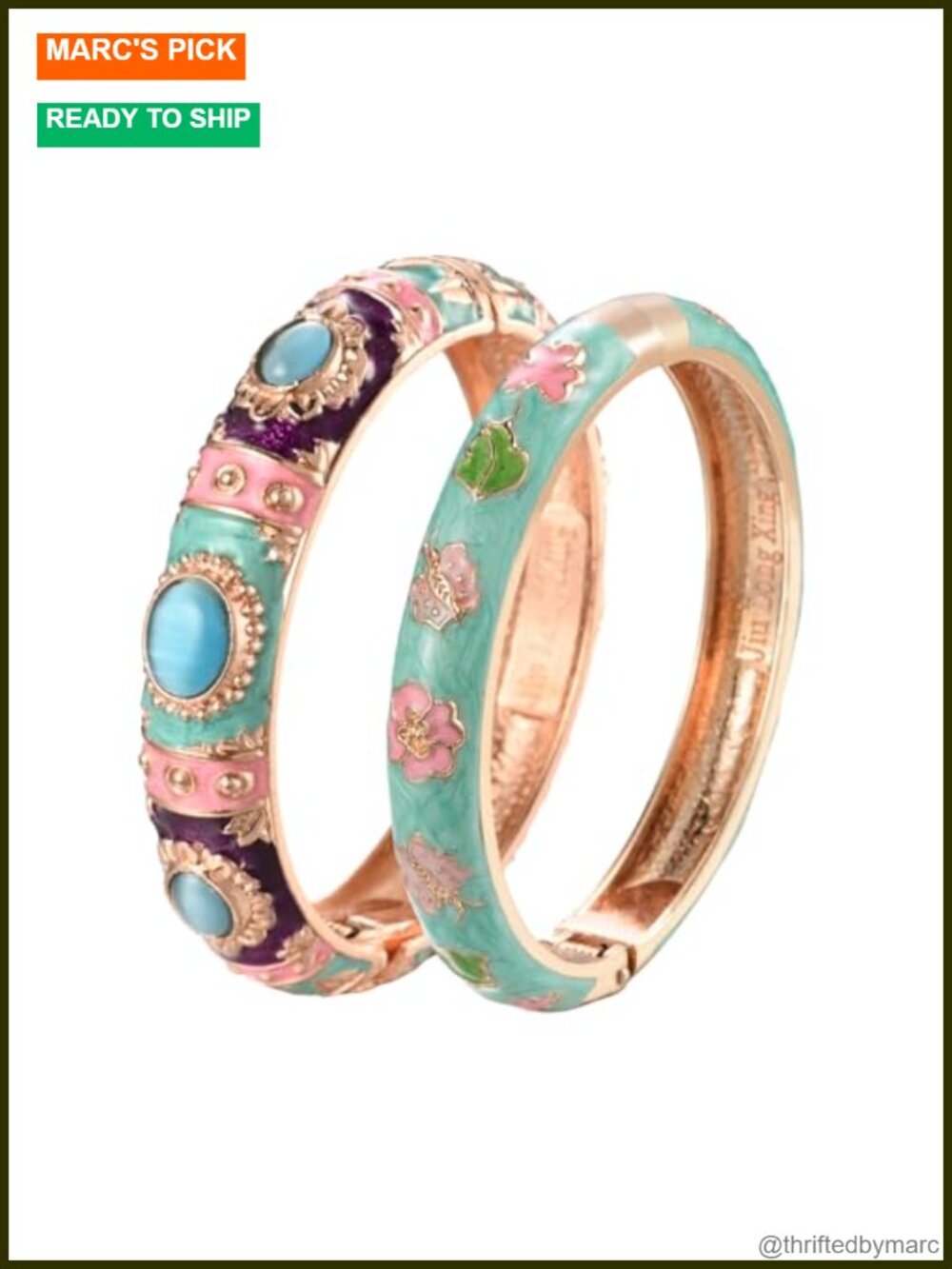 Vintage Cloisonne Enamel Butterfly Flower Hinged Cuff Bracelet Bangle Set